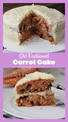 an old fashioned carrot cake is cut in half and served on a plate with a fork