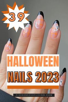 Halloween Nails For Teachers, Halloween Nail Tip Designs, French Tip Halloween Nail Designs, Nails 2023 Trends Halloween, Halloween Nail Designs For Short Nails, Tropical Halloween Nails, Easy Diy Halloween Nails Simple, Halloween Nails 2023 Almond, Fun Halloween Nails Acrylic