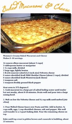 the recipe for baked macaroni and cheese casserole