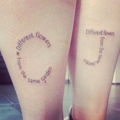 two people with matching tattoos on their legs that say different flowers and the same quote