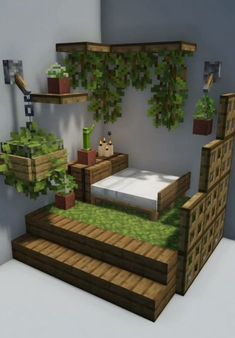 a bed made out of wooden pallets with plants growing on the wall above it