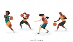 people playing basketball in different positions on a white background with an orange and black color scheme