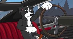 a cartoon dog sitting in the driver's seat of a car