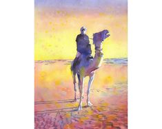 a watercolor painting of a man riding a camel