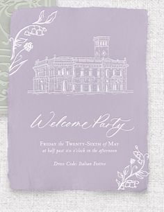 a wedding card with the words welcome and an image of a building in purple on it