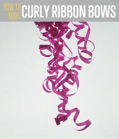 purple streamers are flying in the air with text that reads how to make curly ribbon bows