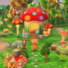 an animal crossing game with many animals in the grass and mushroom houses on the ground