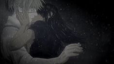 an anime scene with two people hugging in the rain, and one person holding another