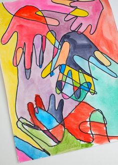 a painting on paper with different colors and shapes in the background, including hands reaching for each other