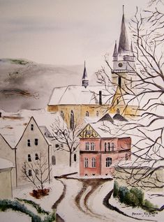 a painting of a snowy village with trees and buildings