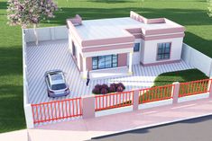 a car is parked in front of a house with a fence and red railings