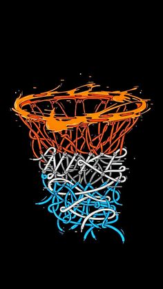 an orange and blue basketball hoop with graffiti on the rim, against a black background