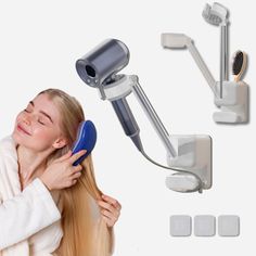 a woman is drying her hair with a blow dryer and attachments on the wall