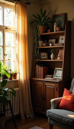 a living room filled with furniture and a book shelf next to a window covered in plants