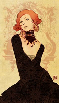 a drawing of a woman with red hair wearing a black dress