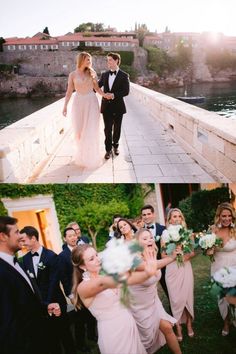 the bride and groom are walking down the bridge with their bridal party in tow