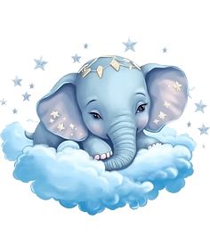 an elephant sitting on top of a cloud with stars around it's head and smiling