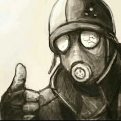 a drawing of a man in a gas mask giving the thumbs up