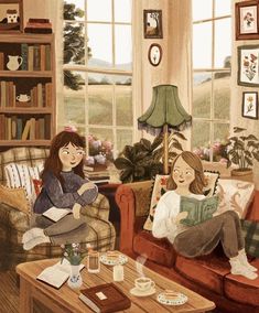 two women sitting on couches in a living room next to a coffee table and bookshelf