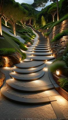 a long set of steps lit up by lights in the middle of an outdoor area