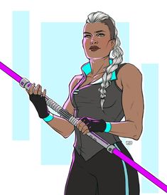 a drawing of a woman holding two purple lightsabes in one hand and a pink light saber in the other