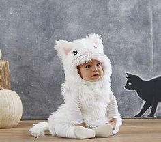 a baby in a white cat costume sitting on the floor next to pumpkins and other decorations