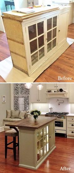 before and after pictures of a kitchen island with glass doors on the front, in white