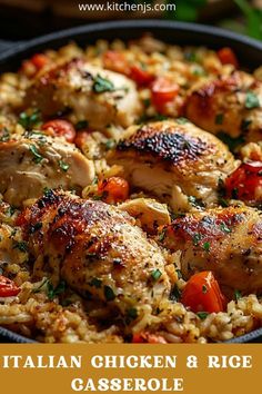 chicken and rice casserole with tomatoes in a skillet