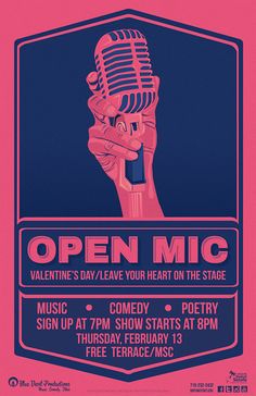 an open mic poster with a hand holding a microphone in front of the words, valentine's day leave your heart on the stage