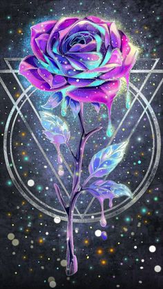 a painting of a purple rose on a black background with stars and circles around it