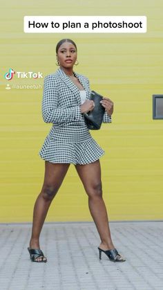 a woman in a short dress and heels posing for the camera with text overlay that reads, how to plan a photoshoot