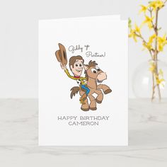 a birthday card with an image of a cartoon character riding a horse and holding a baseball bat