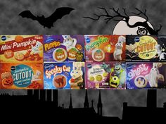 halloween candy boxes are lined up in front of a full moon with bats and spooky pumpkins