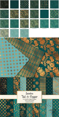 an assortment of blue and gold paper with different patterns