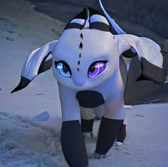 a white and black animal with blue eyes walking through the snow in an animated scene