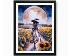 a painting of a woman walking through sunflowers with a full moon in the background