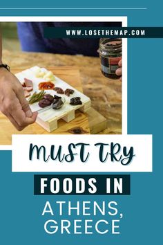 two people are preparing food on a cutting board with the words must try foods in athen's, greece