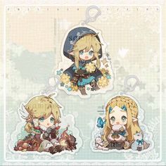 three stickers depicting anime characters with flowers and butterflies in their hair, sitting on the ground