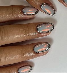 Basic Short Nail Designs, Silver Ombré Nails, Short Cat Eye Nails, Short Sns Nails, Eclectic Nails, Galactic Nails, Lesbian Nails, Brat Nails, Irridescent Nails