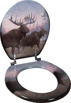 a toilet seat with an image of two moose's in the woods on it