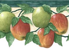 a painting of apples on a branch with leaves