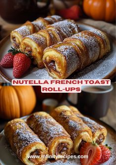 nutella french toast roll - ups on a plate with strawberries