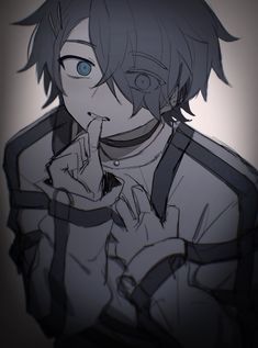 an anime character with blue eyes holding a finger to his mouth and looking at the camera