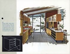 the interior of a kitchen with an open door