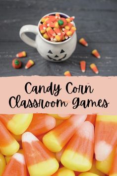 candy corn classroom games for kids and adults to play in the halloween themed area with text overlay that reads candy corn classroom games