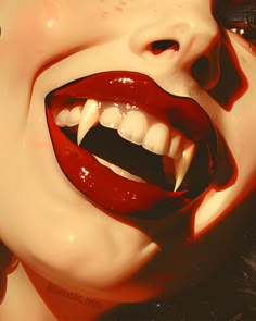 a woman's mouth with blood dripping from it and her tongue hanging out to the side