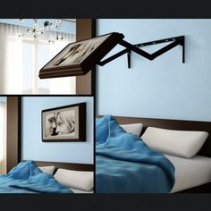 a bed room with a neatly made bed and pictures hanging on the wall above it