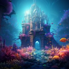 an underwater castle surrounded by corals and fish