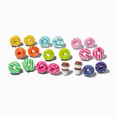 Glitter Rainbow Donut Stud Earrings - 9 Pack | Claire's US Claires Earrings, Rainbow Donut, Donut Earrings, Colorful Stud Earrings, Donuts Earrings, Glitter Rainbow, White Icing, Glitter Earrings, Fashionable Jewelry