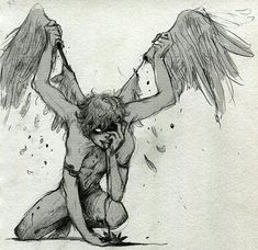 a drawing of an angel kneeling on the ground with his hands up to his face